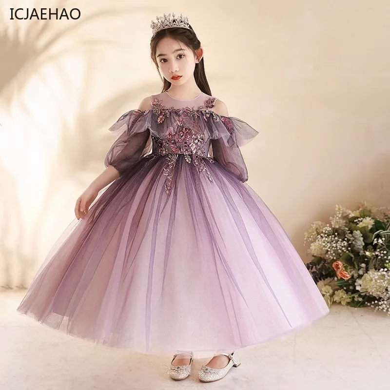 ICJAEHAO Elegant Party Dress Junior Girls Children Sequined Purple Tulle Dresses Kids Grad Night Formal Ball Gowm Party Vestido