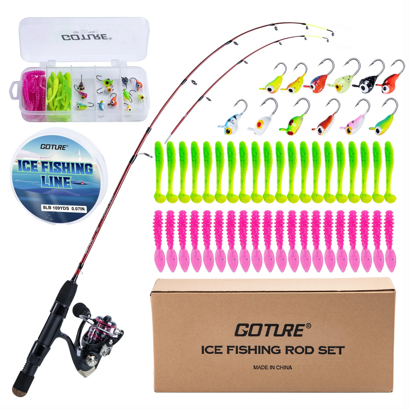 Goture 31”2 Tips Ice Fishing Rod Set M Carbon + MH Fiberglass Ultralight Pole with Trolling Reel Fishing Lure Line Combo