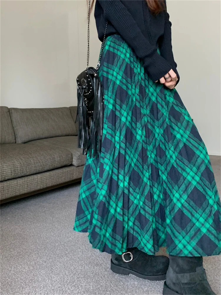 

Women Long Skirts Autumn 2024 American Style High Elastic Waist Vintage A Line Plaid Pleated Long Skirts Female Clothes(S8684