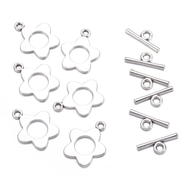 NBEADS 10-20Set  Tibetan Silver Toggle Clasps Flower Antique Silver Lead Free & Cadmium Free Flower: 16x20mm For Jewelry Making