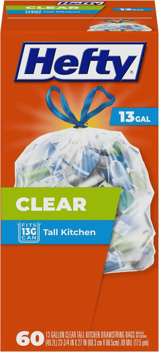 

13 Gallon Clear Trash Bags, 60 Count - Strong & Leak-Proof for Kitchen Waste