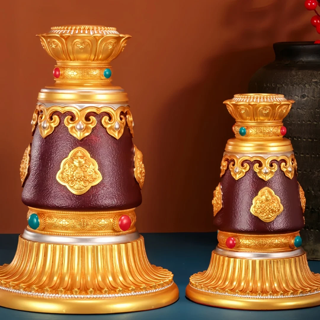 Large Painted Prayer Wheel Base, Eight Auspicious Symbols Resin Stand for Hand Prayer Wheel