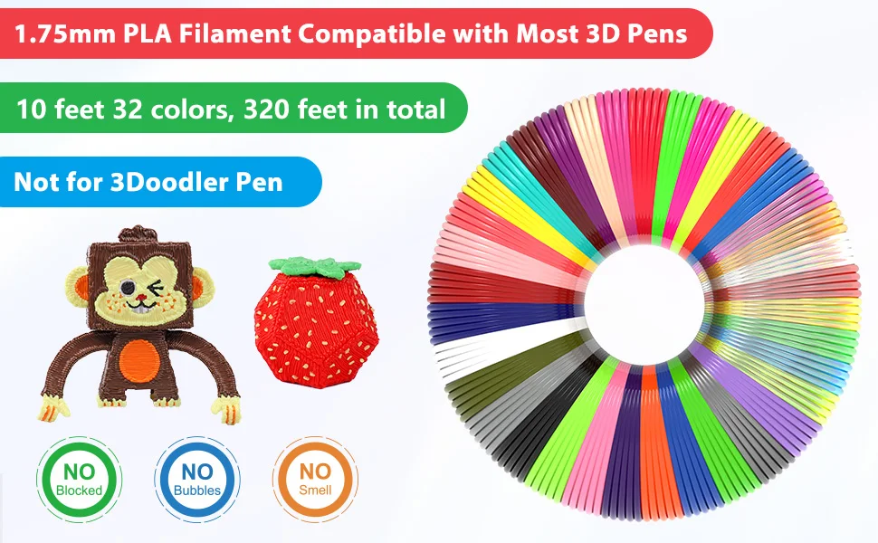 32 Farben 3D-Stiftfilament 1,75 mm PLA, jede Farbe 10 Fuß (3 m), insgesamt 320 Fuß (96 m), 3D-Stiftfilament-Nachfüllungen, zufällige Farbe – Detail 1