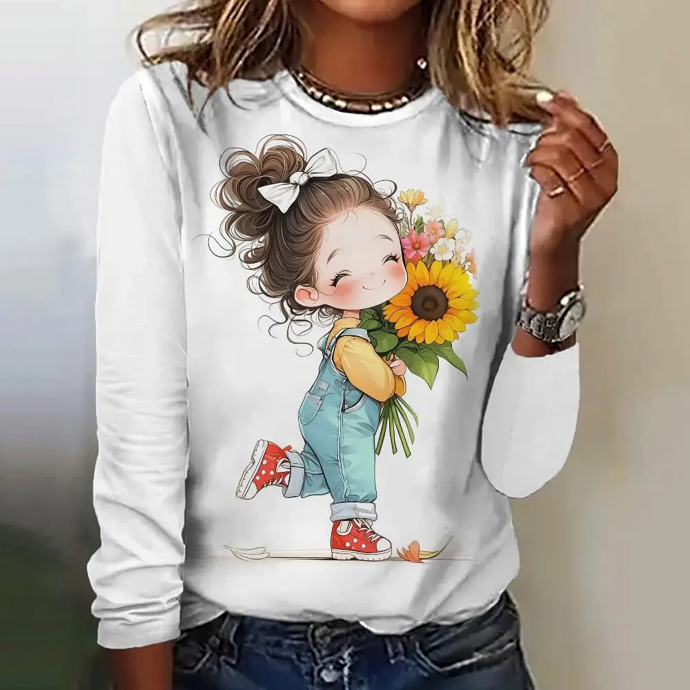 Women\'s T-Shirt Top Long Sleeved Pullover Fashion Little Girl Print Street Round-Neck Tee Shirt Female Everyday Loose Clothing