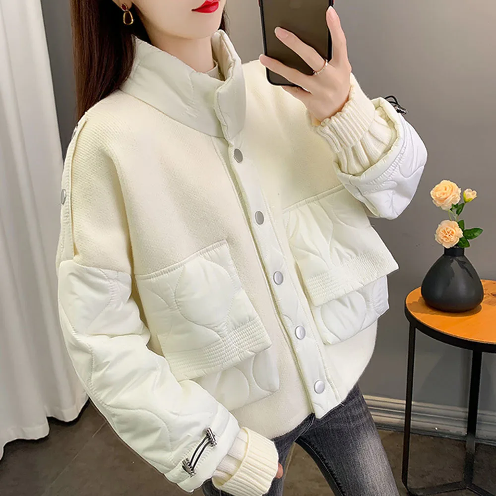 Stand Collar Cotton Coat Female Casual Splicing Single Breasted Jacket 2023 Autumn Winter Fashion Thicken Cardigan Short Outwear