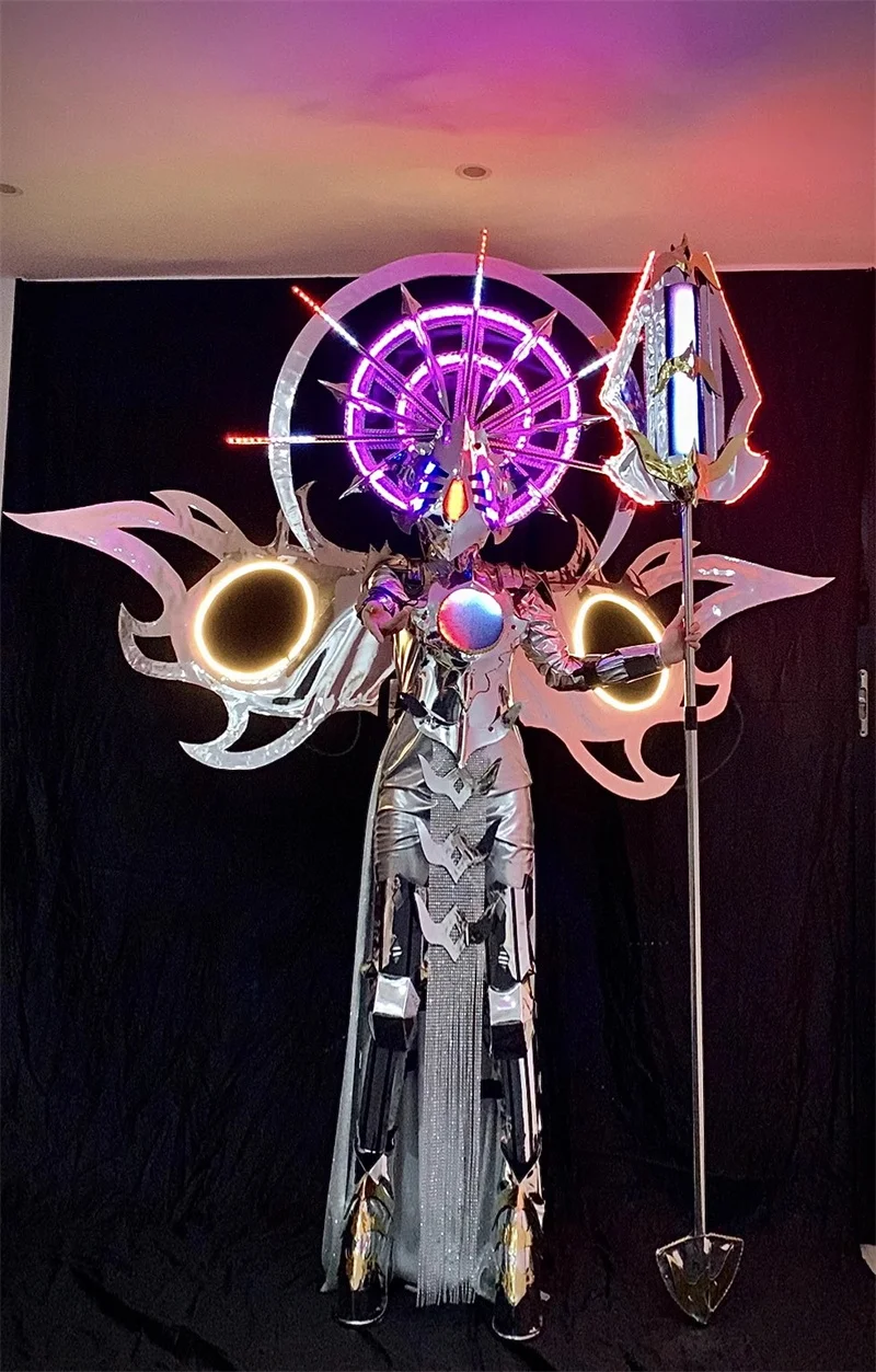 Female Sexy LED Light Costumes Colorful Luminous Wings Silver Glowing Cloak Cosplay Wear Party Bodysuit Performa Dress Women