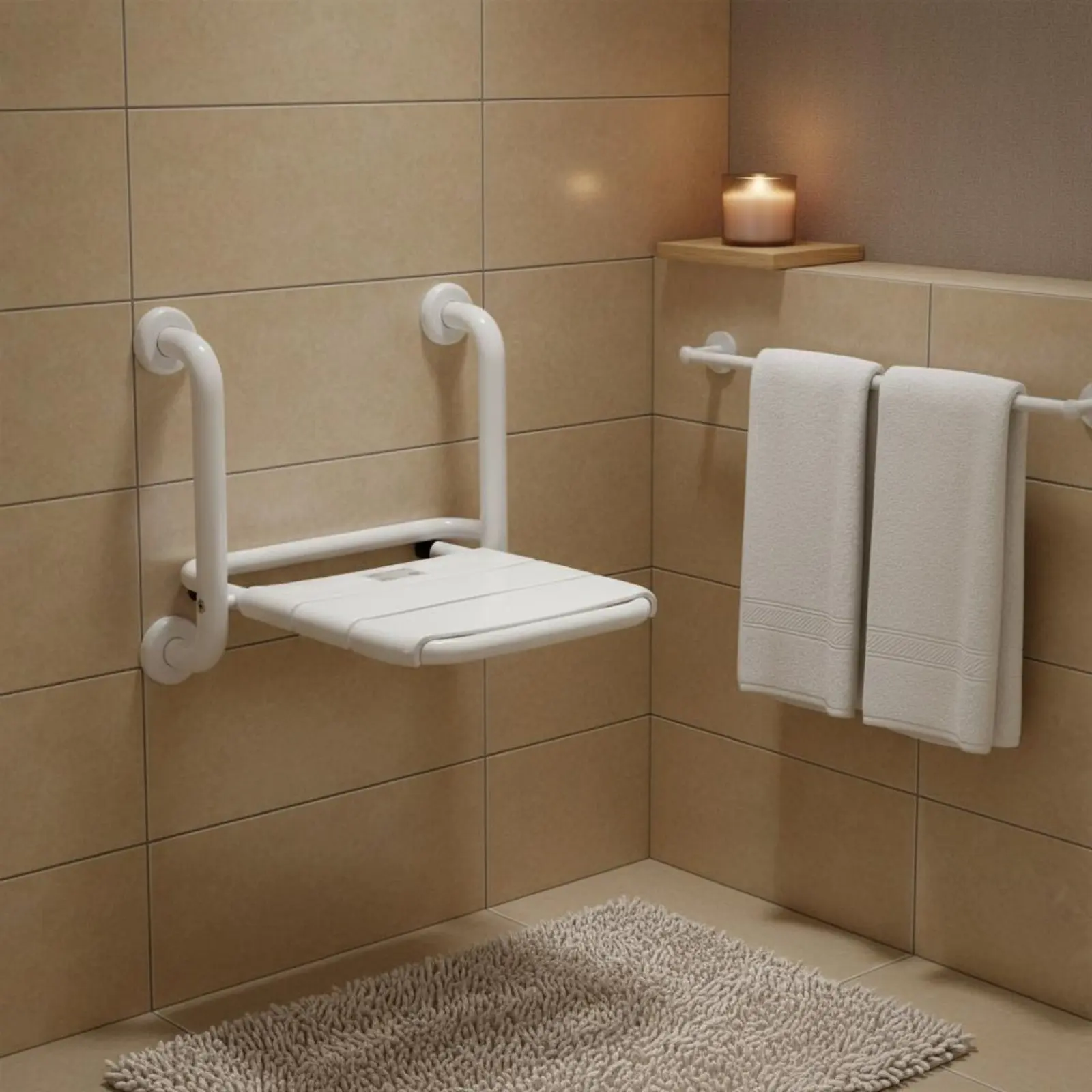 

Wall Mounted Shower Seat Rustproof Foldable Shower Bench Folding Bath Chair with Armrests Sturdy Duty Mobility Aid for Bathroom