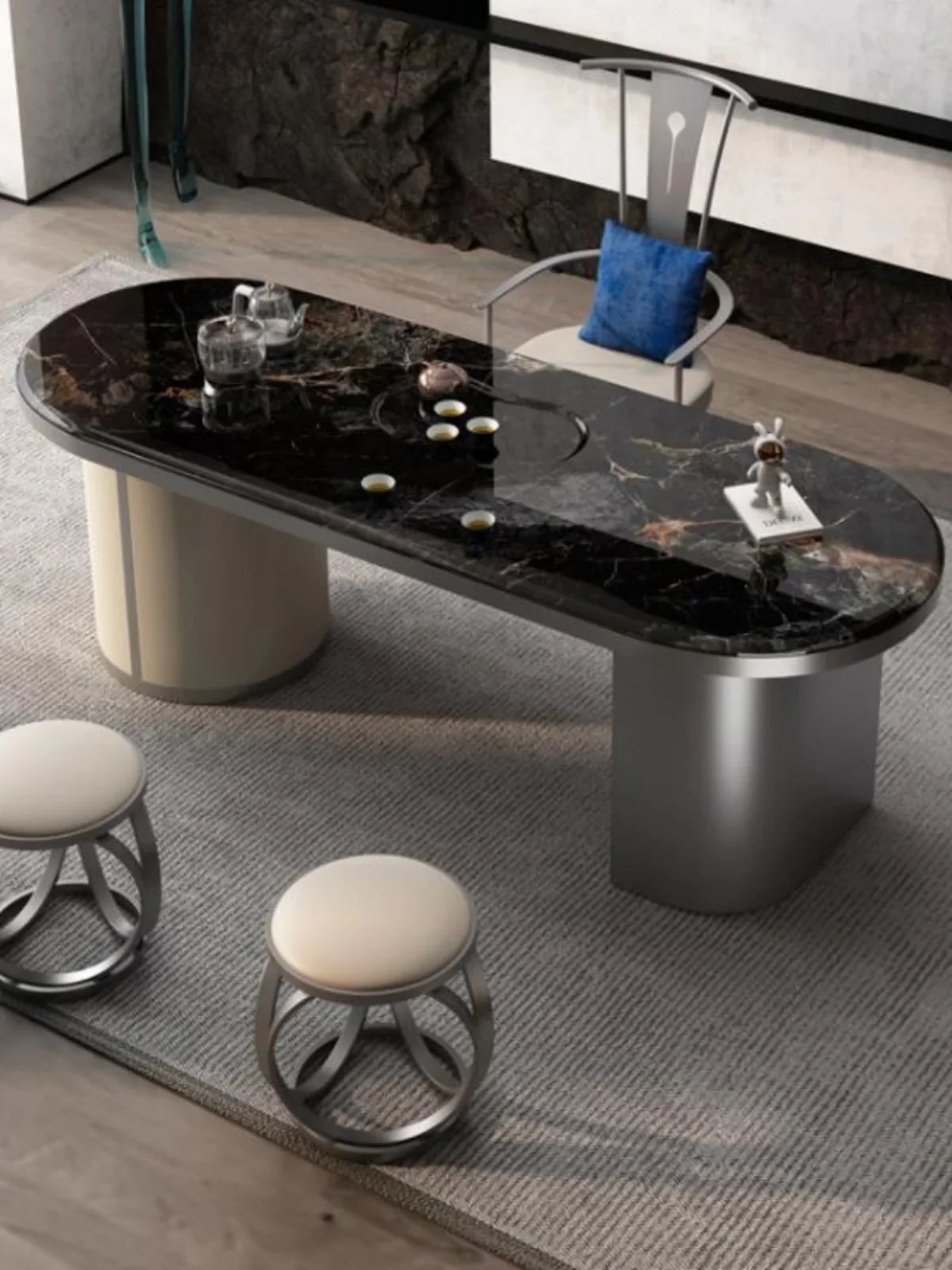 مقعد طاولة شاي فاخر خفيف فاخر من الفولاذ المقاوم للصدأ مقعد منخفض خزانة ملابس متطابقة مع الجلد المصمم المستدير #3