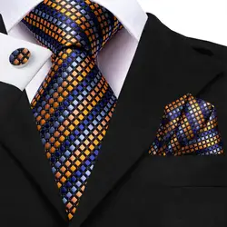 Hi-Tie Gold Blue Striped Wedding Tie For Men Handky Cufflink Set Fashion Designer Gift Tie For Men Necktie Business Party