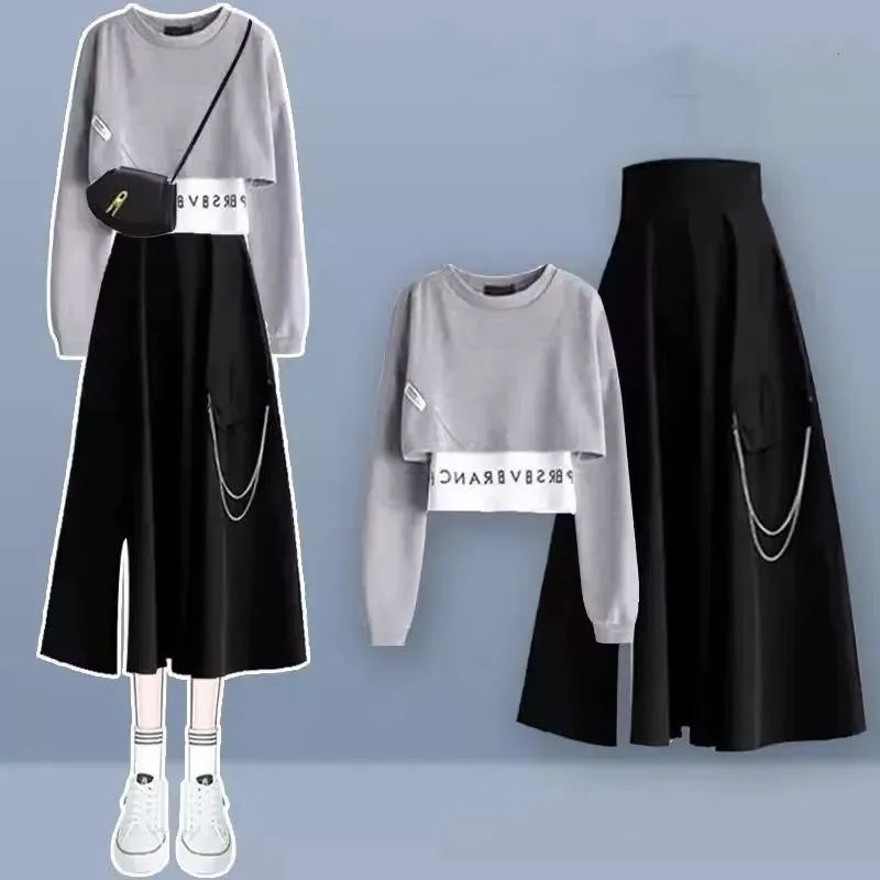 

2025 Girls' Spring Autumn New Chic Loose Fake Two-piece Hoodie+Sexy Split Midi Skirt Suit Korean Elegant Top+dress Matching Set