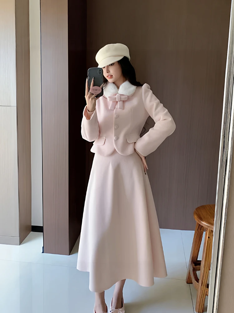 

Теплый комплект из хлопковой смесовой шерсти: юбка А-силуэта и жакет с завышенной талией, с узлом, осенне-зимний, розовый, модный комплект для женщин...