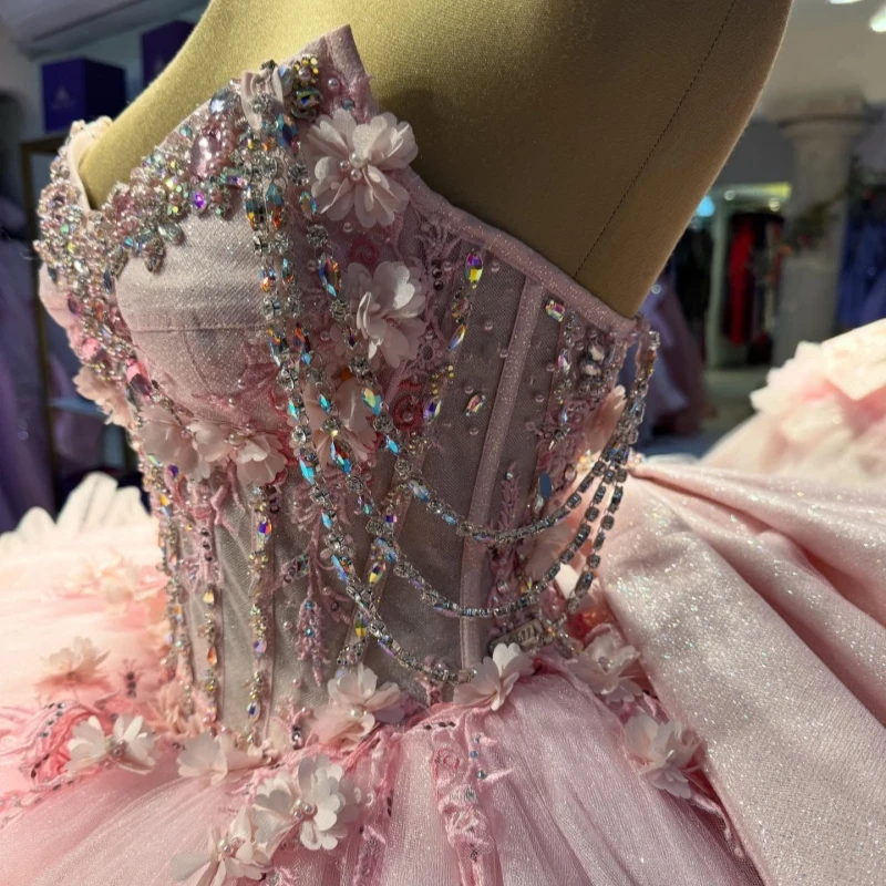 

Light Pink Shiny Quinceanera Dresses Off The Shoulder Applique Flower Beading Crystal Bow Tiered Tull Party Birthday Sweet 16