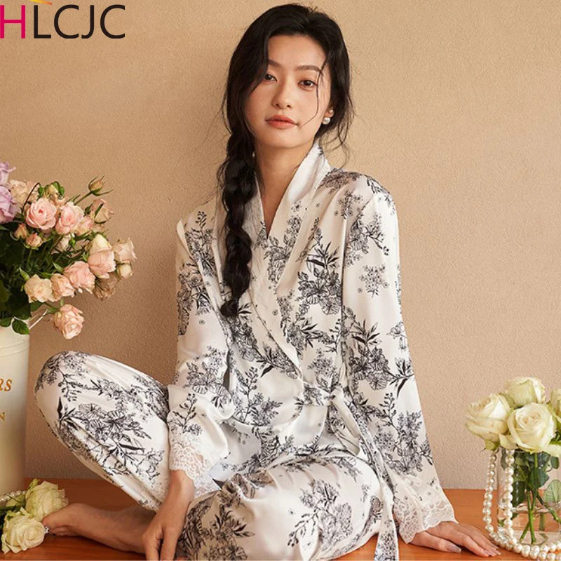 2024 Spring Autumn New Ice Silk Soft V-neck Pajamas for Women Lace Lapel Cardigan Outfits for Women 2 Piece Set Home Clothes