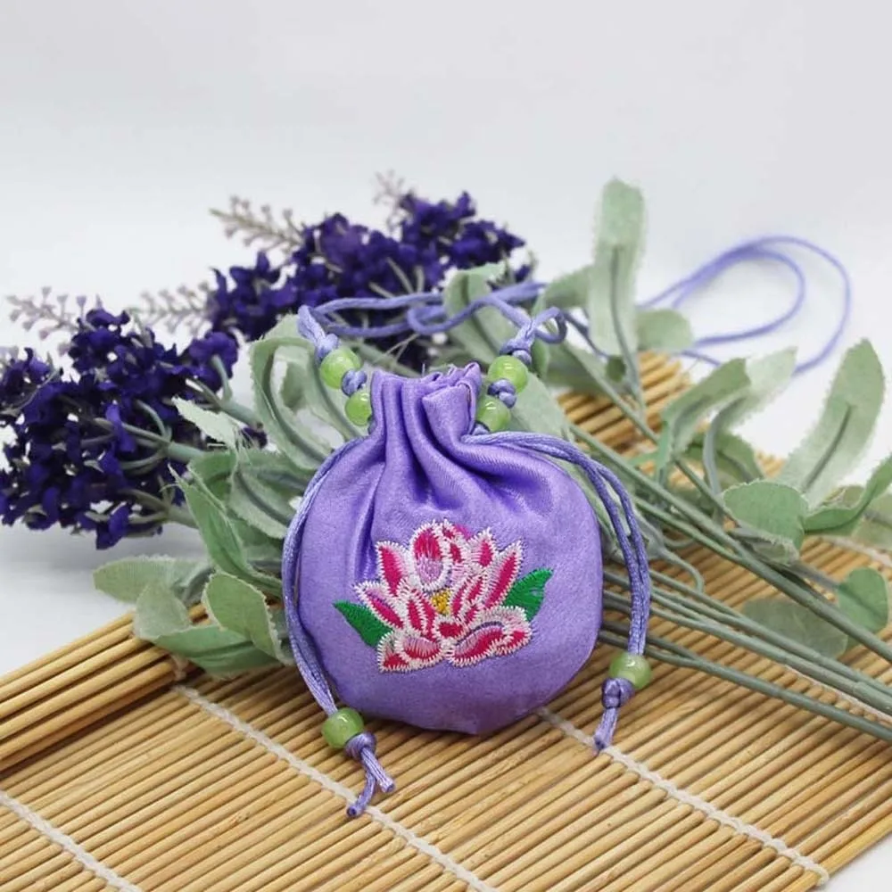 Lotus Embroidery Embroidered Sachet Silk Satin Drawstring Closure Lotus Drawstring Bag Neck Strap Mini Size