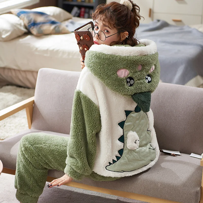 Conjuntos de Pijamas para mujer, Pijamas gruesos de invierno, ropa de dormir con dibujos de dinosaurios, ropa de descanso coreana para niñas, sudaderas con capucha cálidas, Pijamas, ropa de M-2XL