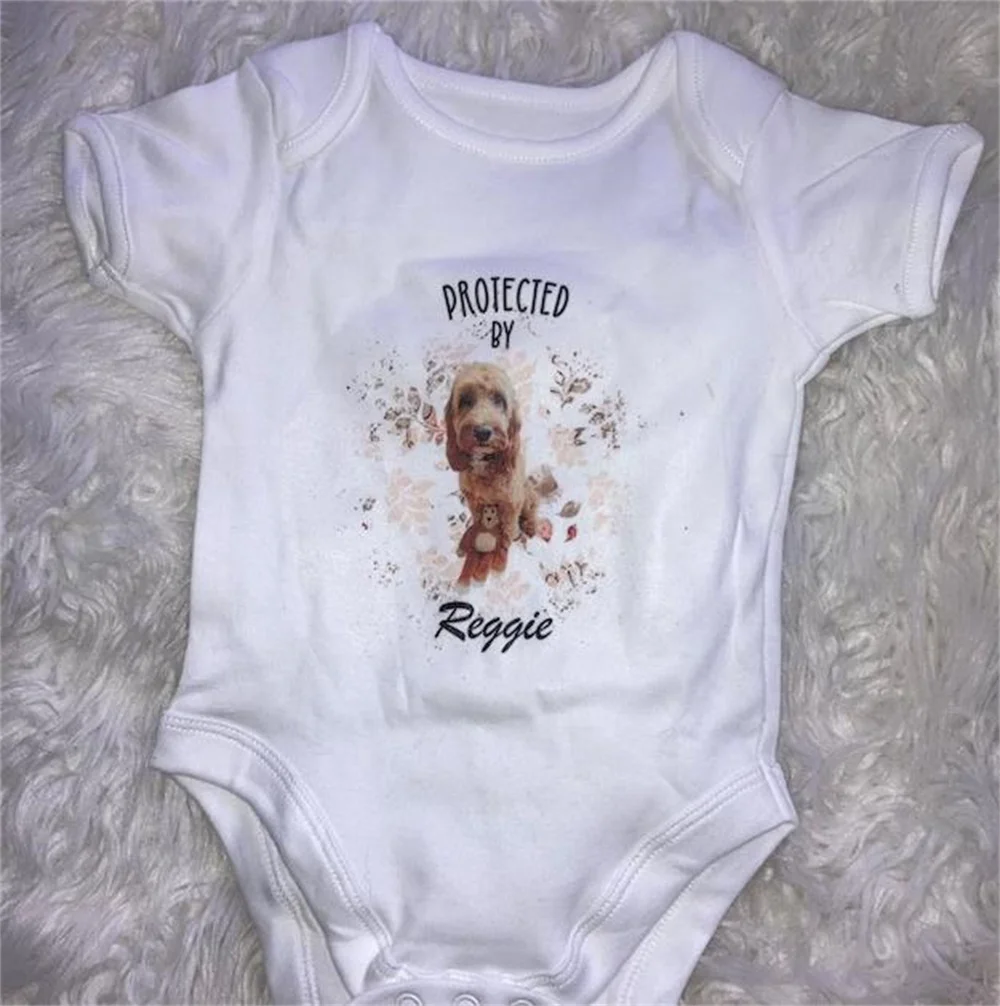 Personalised Loved and Protected By Dog | Cartoon Photo | Babygrow | Bodysuit | New Baby Boy Girl Gift | Pet Owner Sibling Vest