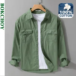 2024 Autumn New Casual Cargo Solid Color 100% Cotton Shirts for Men Clothing Multi-pockets Soft Long Sleeve Men Shirts FYD2101