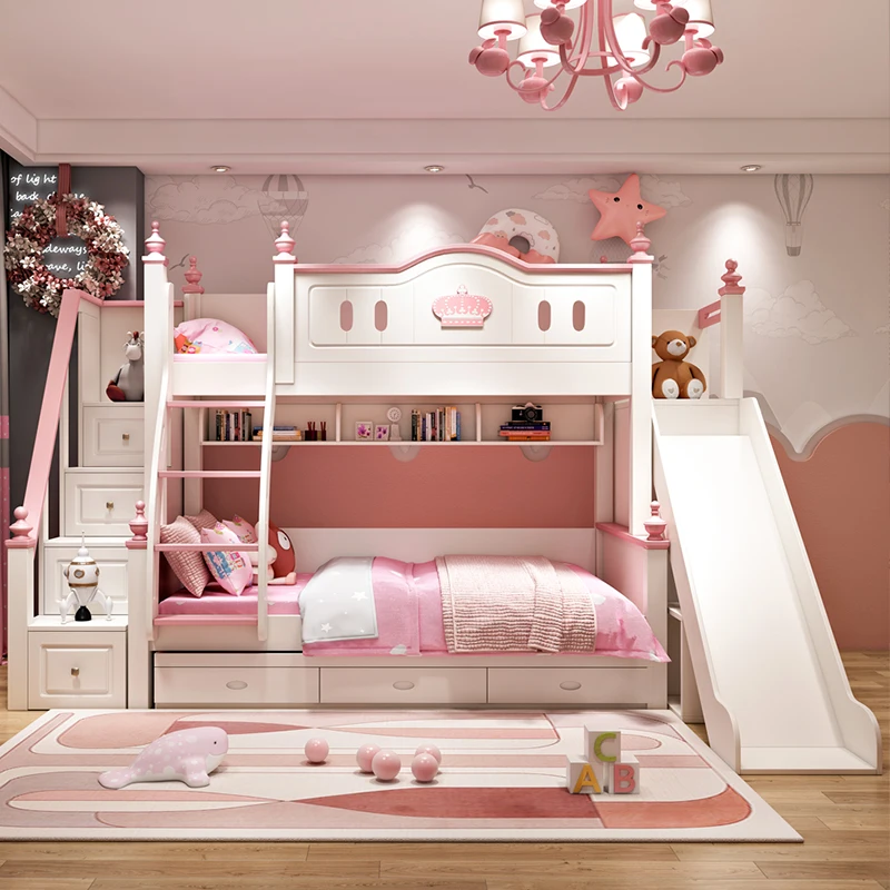 Up and down bunk   princess beds, children's  high and low bunk beds for girls, detachable two layer   slide