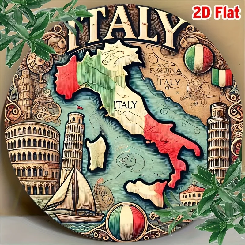 2D Flat, Vintage Italy Map Wall Art – 2D Flat Aluminium Decorative Plaque mit ikonischen Sehenswürdigkeiten, ideal für Zuhause, Café, Bar, Garag
