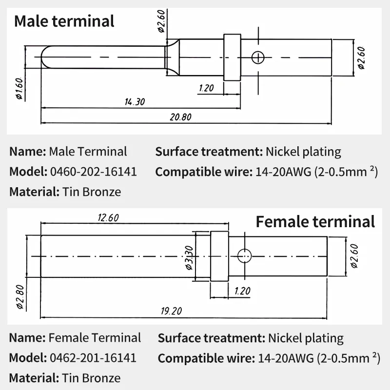 50PCS DT 1.5mm Series Stainless Steel Pin Contact 0462-201-16141 0460-202-16141,16AWG Deutsch Crimp Solid Female & Male Terminal