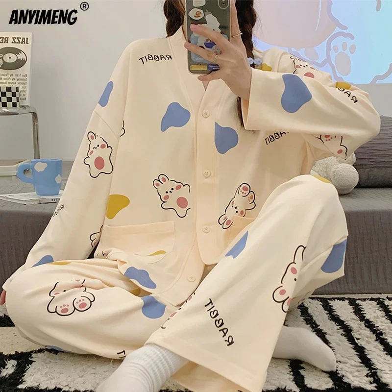 Korean New Faux Cotton Spring Autumn Kimono Women Pajamas Long Sleeves Woman Sleepwear Home Suit Cute Bear Print Pijamas