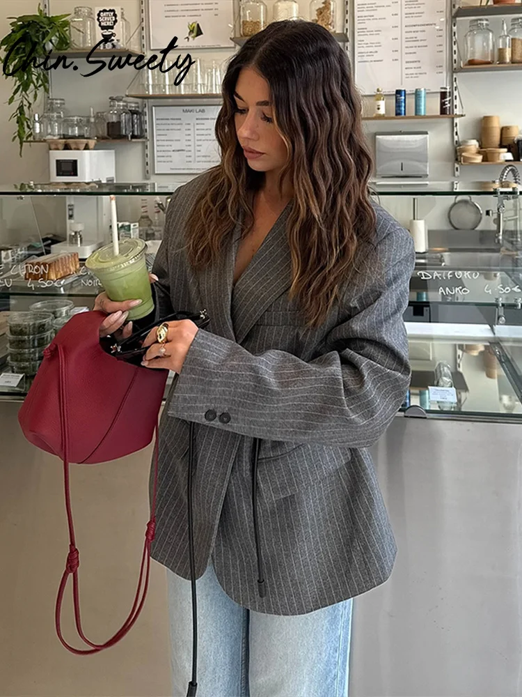 سترة نسائية مخططة غير رسمية معاطف نسائية بأكمام طويلة وياقة مقلوبة وجيب مزيف ملابس خارجية للسيدات لربيع وخريف 2025