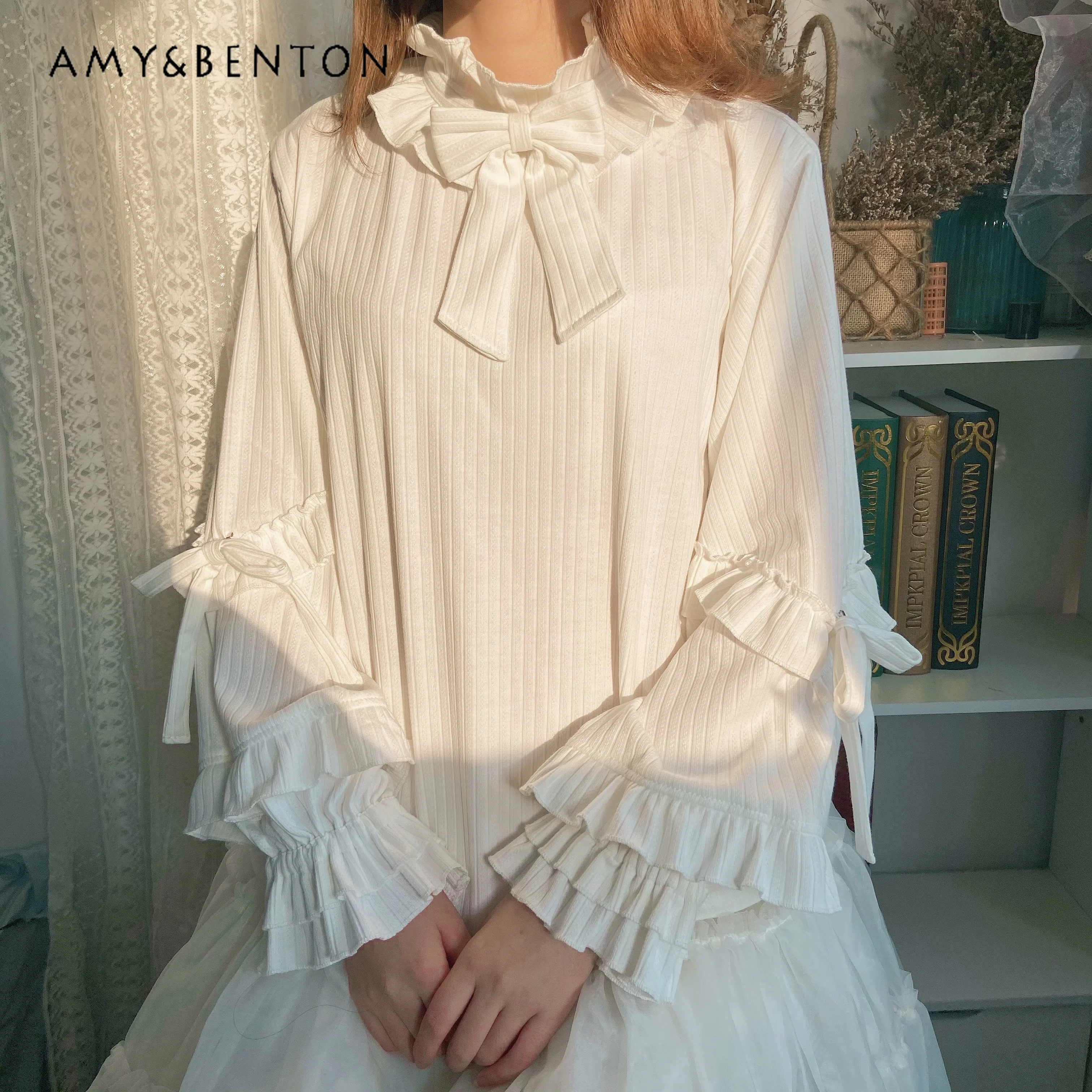 Autumn Winter New Sweet Puff Sleeve Knitted Top Japanese Cute Ruffled Bow Lace-up Long Sleeve Sweater All-Match Lolita Pullover