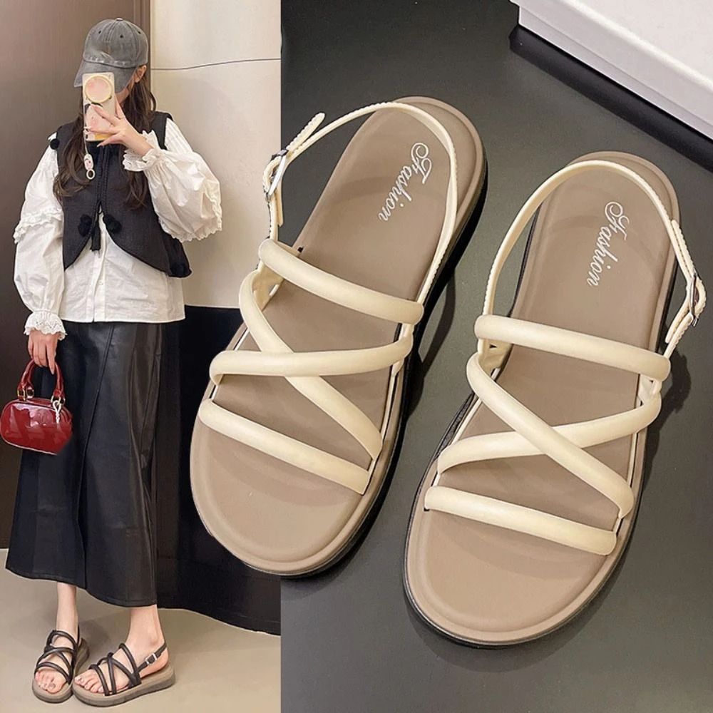 

Anti Slip Flat Sandals Women Hollow Ankle Buckles Slides Slippers Shoes Elegant Beachwear Summer Platform Slippers Beachwear