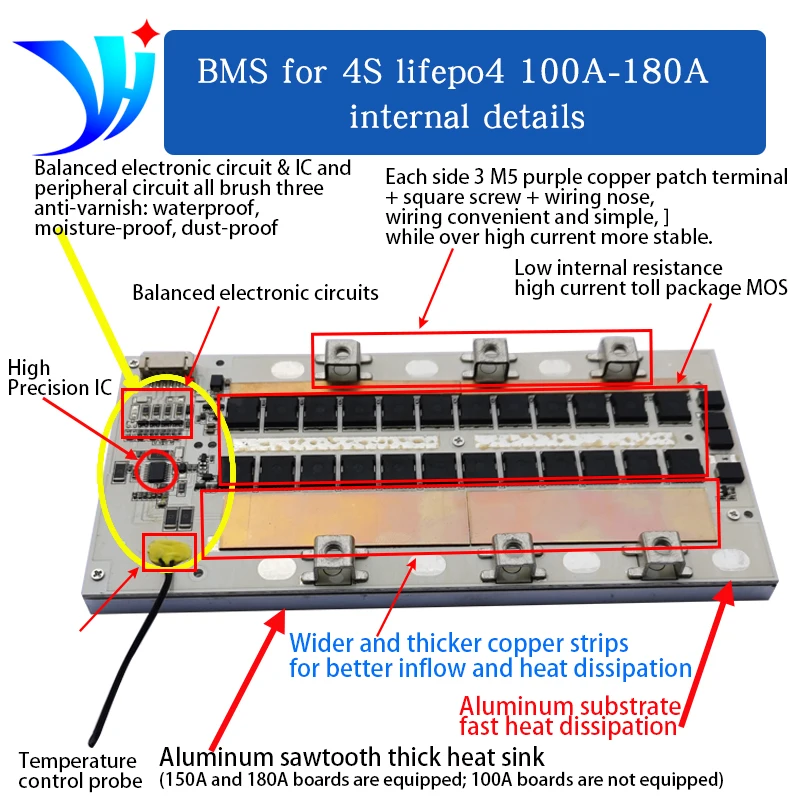 YUNHUI STAR Bms 4s 12 Lifepo4 100A 150A 180A With Balancing Aluminum Substrate Board With Temperature Control and Free Cable