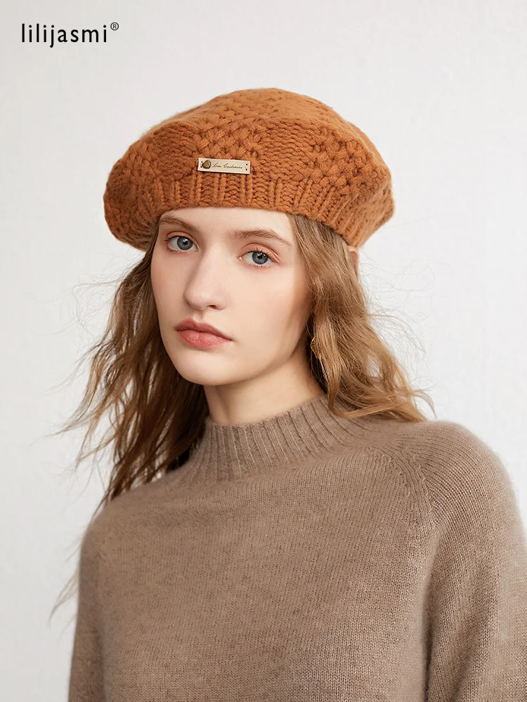 Women Knit Beret Heavy 100% Pure Cashmere Hade Made Crochet Thick Yarn Cap Casual Hat Soft Comfy Beanies Real Pushmina Bonnet