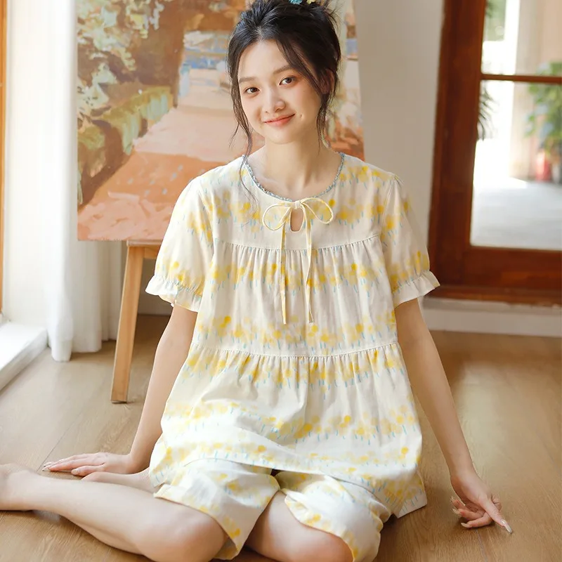 طقم بيجامة نسائي صيفي من القطن برقبة دائرية وأكمام قصيرة مع بنطلون حلو برباط لملابس مريحة