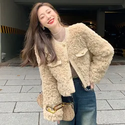 Xpqbb Women Lamb Wool Short Jacket Autumn Winter Thick Warm Faux Fur Coats Ladies Korean Fashion Streetwear O-neck Plush Outwear