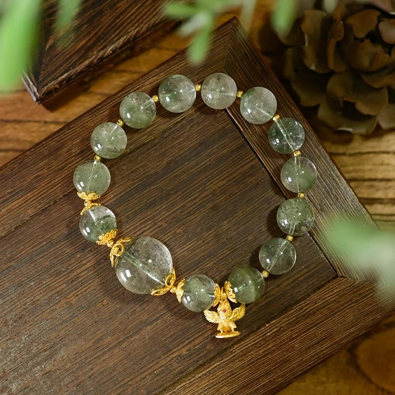 

Браслет из серебра 925 пробы с натуральным зеленым фантомным кварцем, большие круглые бусины со старинными позолоченными акцентами, украшения из кристаллов богатства
