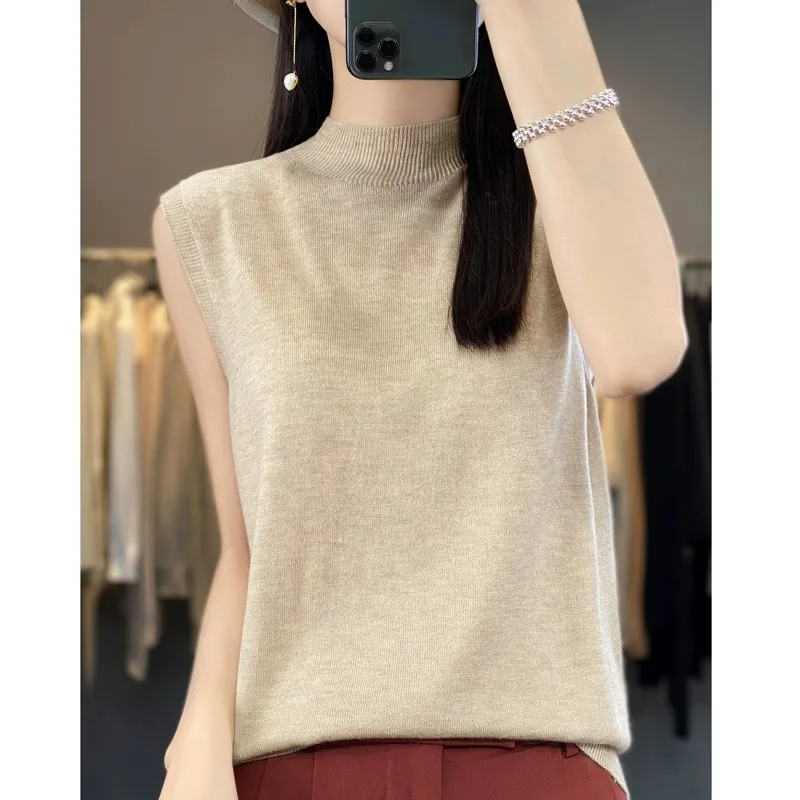 Loose Knitted Base Shirt Summer Half High Collar Outerwear Sleeveless Top Large Size Upper Apparel Commute Style Pure Color