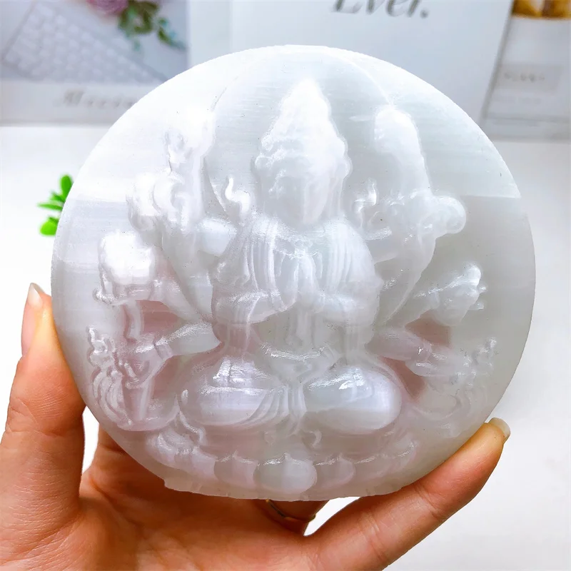 Hand Polished Selenite Thousand Armed Kwan Yin Buddha Carving Crystal Plate Spiritual Cleansing Healing Feng Shui Decoration