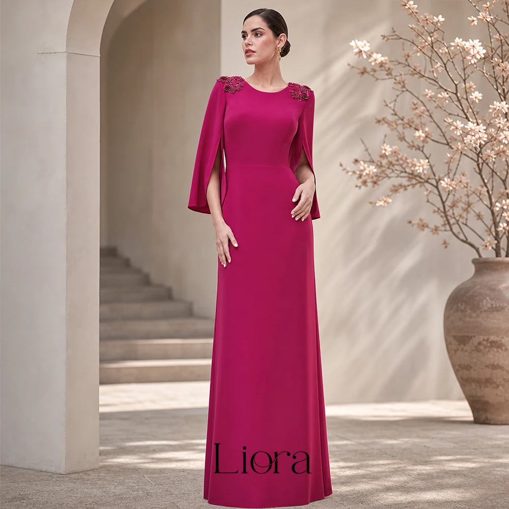 Vestidos Personalizados para la Madre de la Novia Liora, Color Fucsia, Mangas de Capa, Vestidos de Invitada de Boda, Vestido Formal Largo con Apliques y Cuello Redondo Estilo Sirena