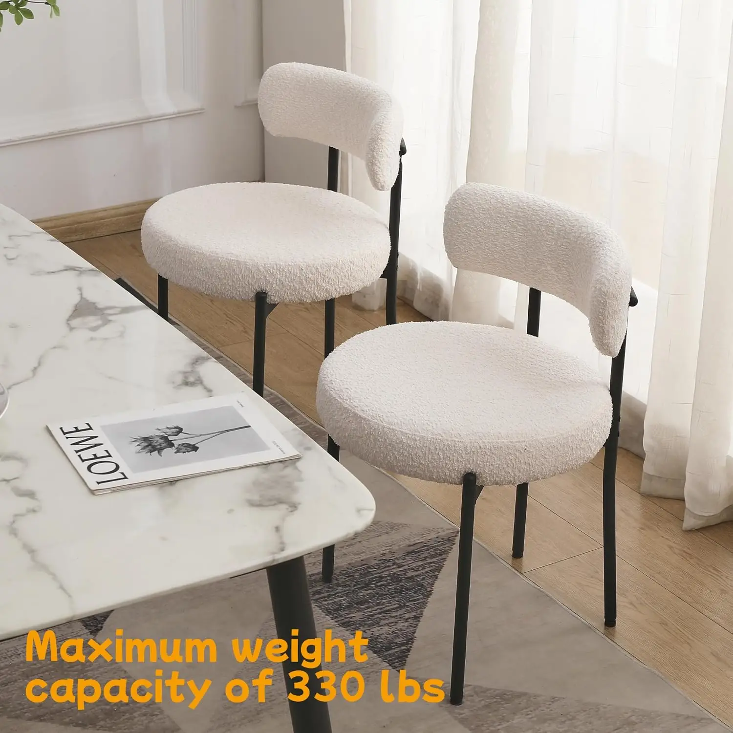 White Dining Chairs Set of 4, Modern Dining Room Chairs with 3.94“ Cushions and Metal Legs, Round Upholstered Kitchen Dining