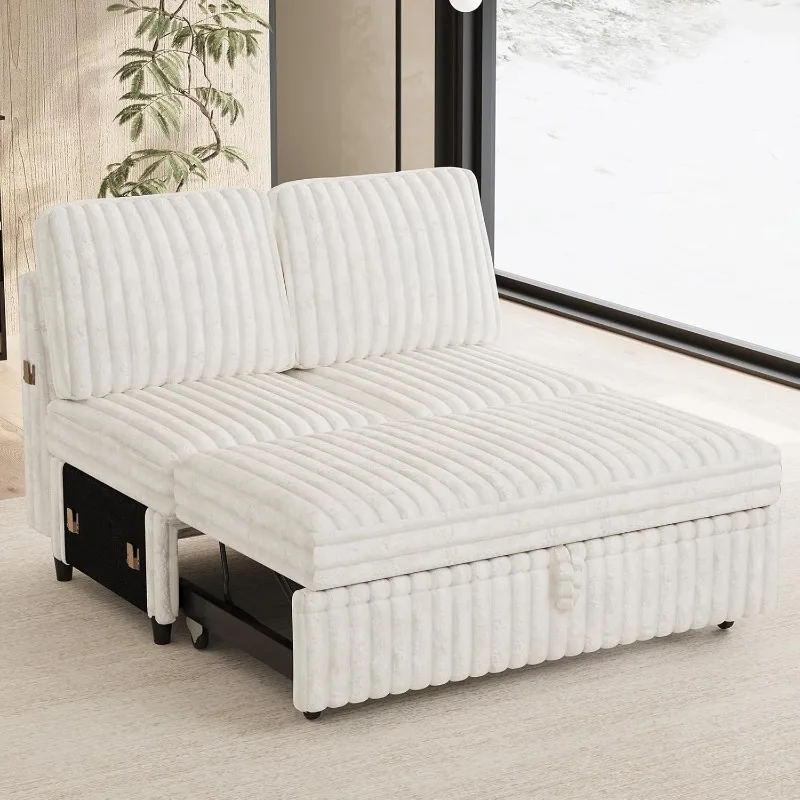 

home.Corduroy Sleeper Sofa with Pull Out Bed Module Loveseat with Pullout Bed for Sectional Sofa Couch White Couch
