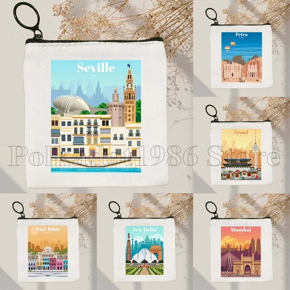 Montreal Mumbai Munich New Delhi Osaka Oslo Petra Prague Quebec Rejkjavik Riga Print Canvas Coin Purse Key Case Bag Wallet Pouch