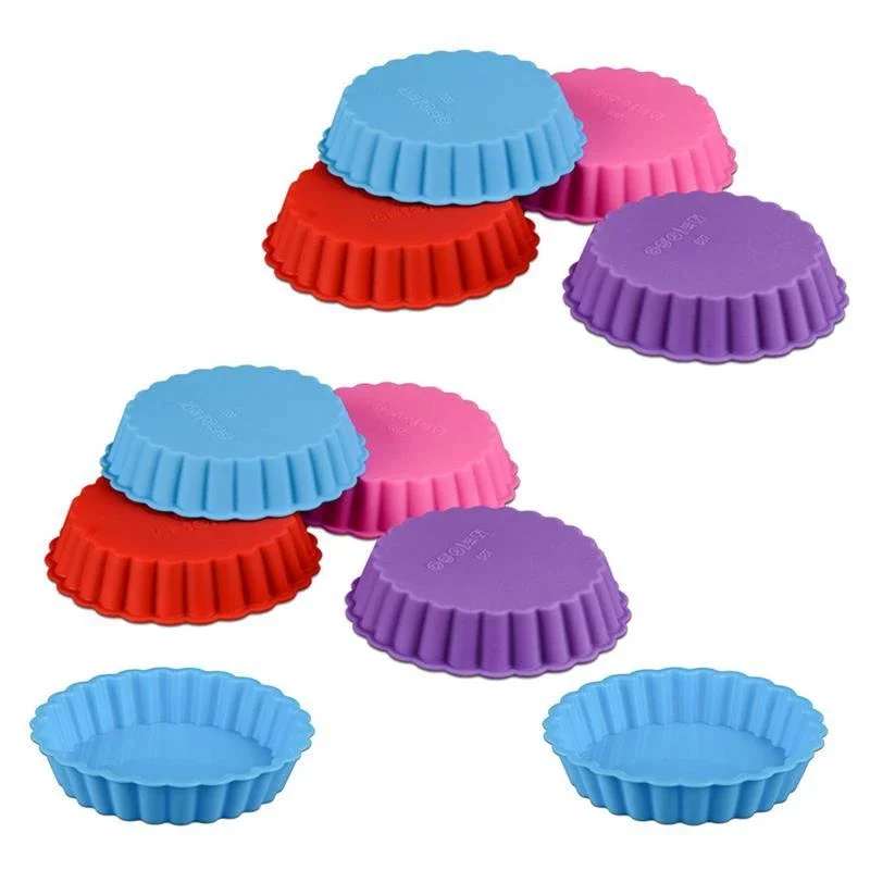 10PCS Silicone Tart Molds Mini Quiche  Non-stick Round Fluted Flan Pan with Loose Bases Cake Mold  Tools Bakeware  Baking