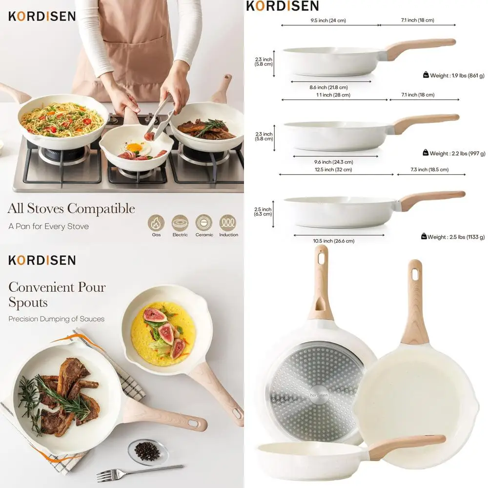 

3-Piece Nonstick Ceramic Pan Set, Healthy Cooking, Cool Handle, Induction Safe, White (9.5, 11, 12.5 Inch)