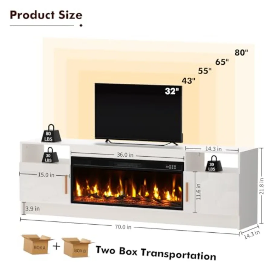 70 حامل تلفزيون مدفأة كهربائية لـ 80 تلفزيونًا مركز ترفيهي حديث مع 36 مدفأة كهربائية مدمجة وإضاءة LED عالية