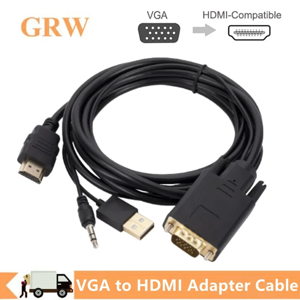 1.8M VGA To HDMI-Compatible Cable Converter With 3.5mm Audio USB Power Supply 1080P VGA To HDMI Cable for PC TV Box Projector