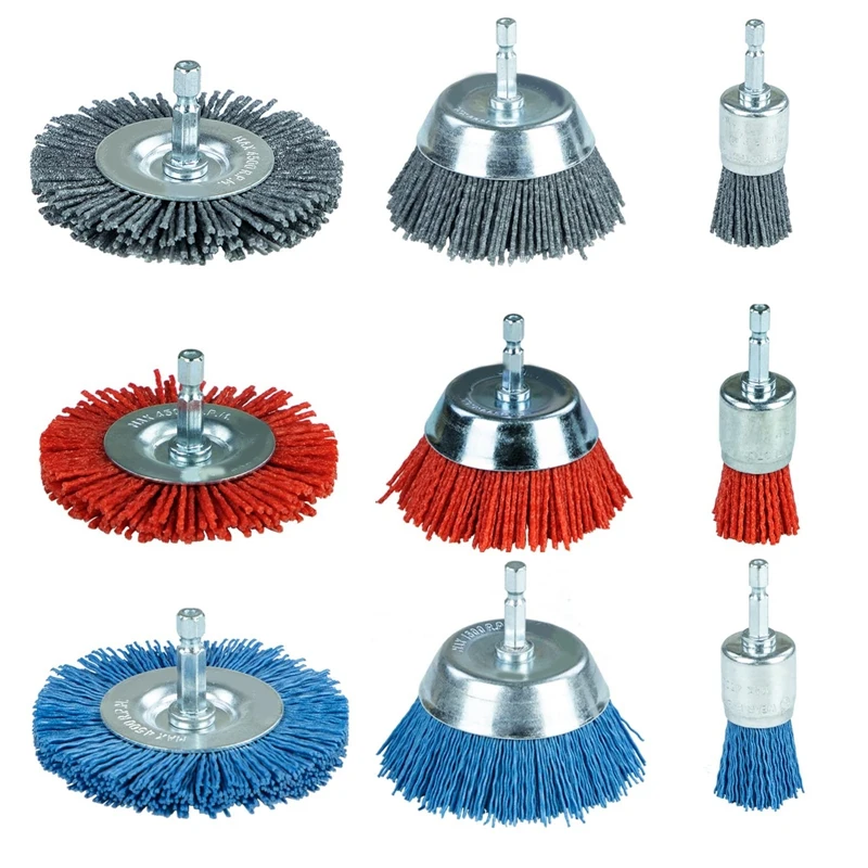 

9PCS Nylon Filament Abrasive Wire Brush Wheel & Cup Brush Set Nylon Brush Set Gray&Blue&Red For Removal Of Rust Corrosion Paint