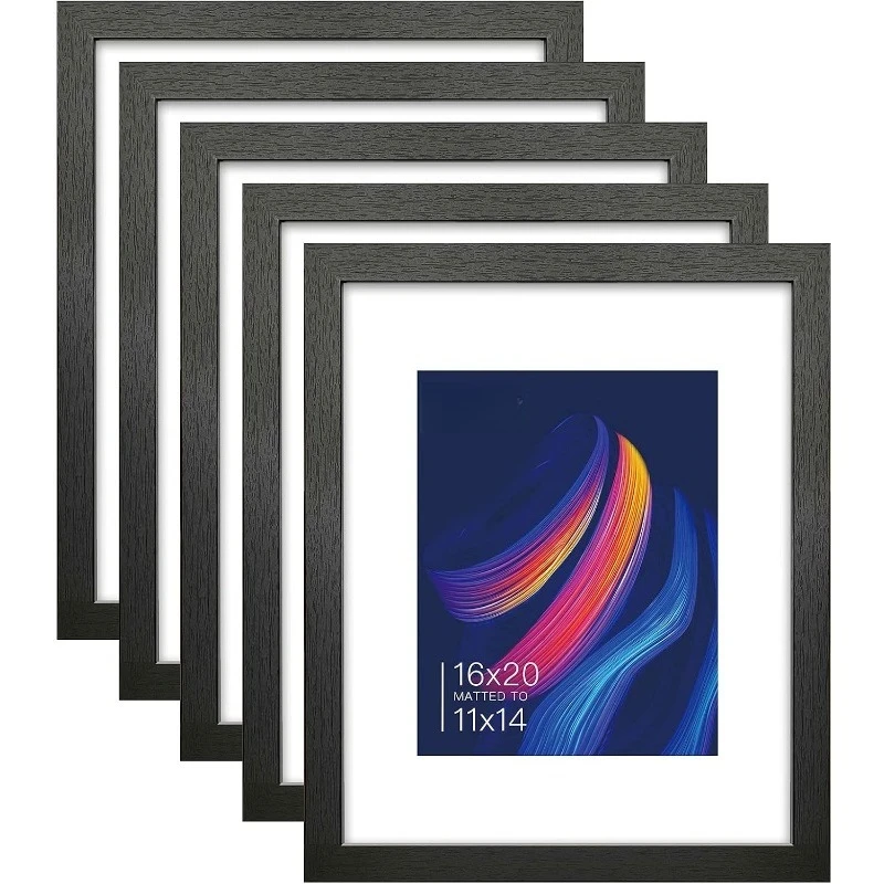

16x20 Picture Frames Matted to 11x14 Picture Set of 5 Black Wood Photo Frames with Real Glass Desktop and Wall Hanging Frames