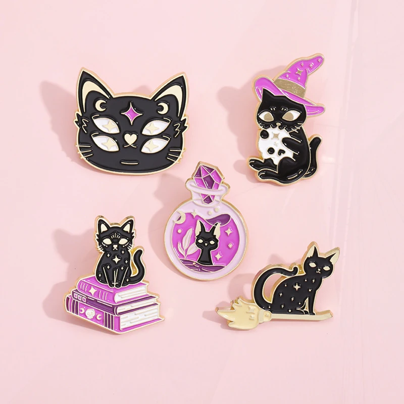 Cercueil chat noir lune fille magique papillon horreur poignard équipe sorcière Badge Punk revers broche bijoux mignon magique émail broche grenouille chauve-souris