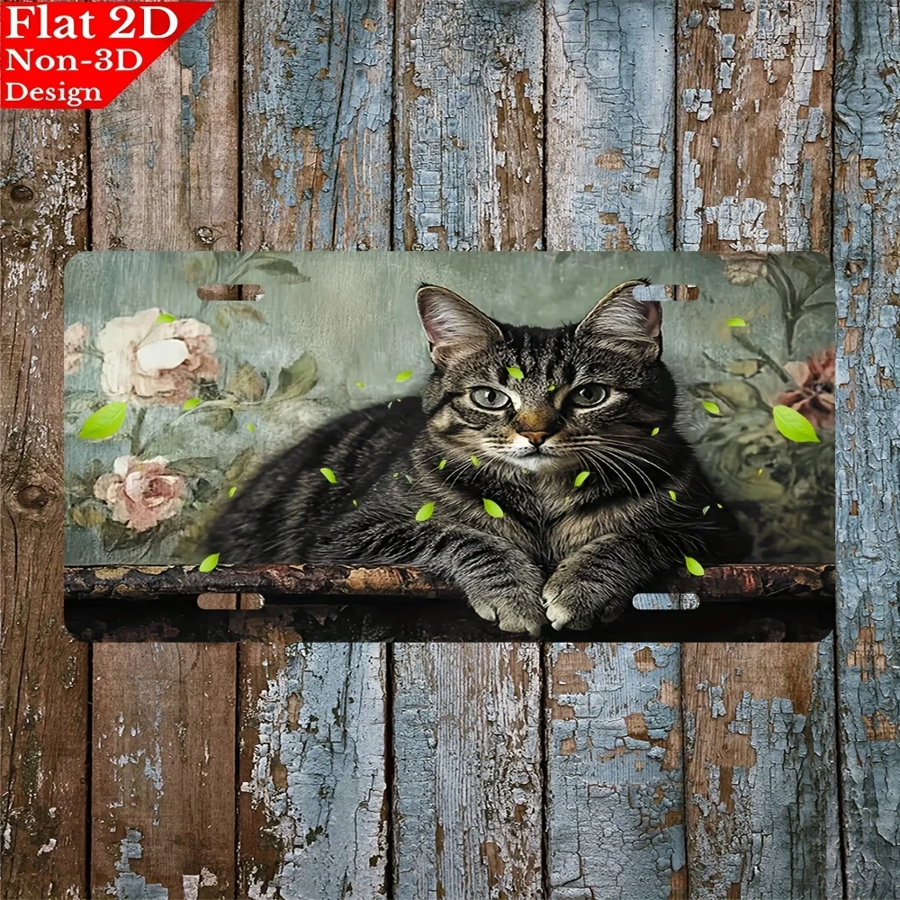 2D Flat Car License Plate Featuring a Cat Design with aFloral Background,Made Of,And Printed Using Scratch-Resistant UV Print