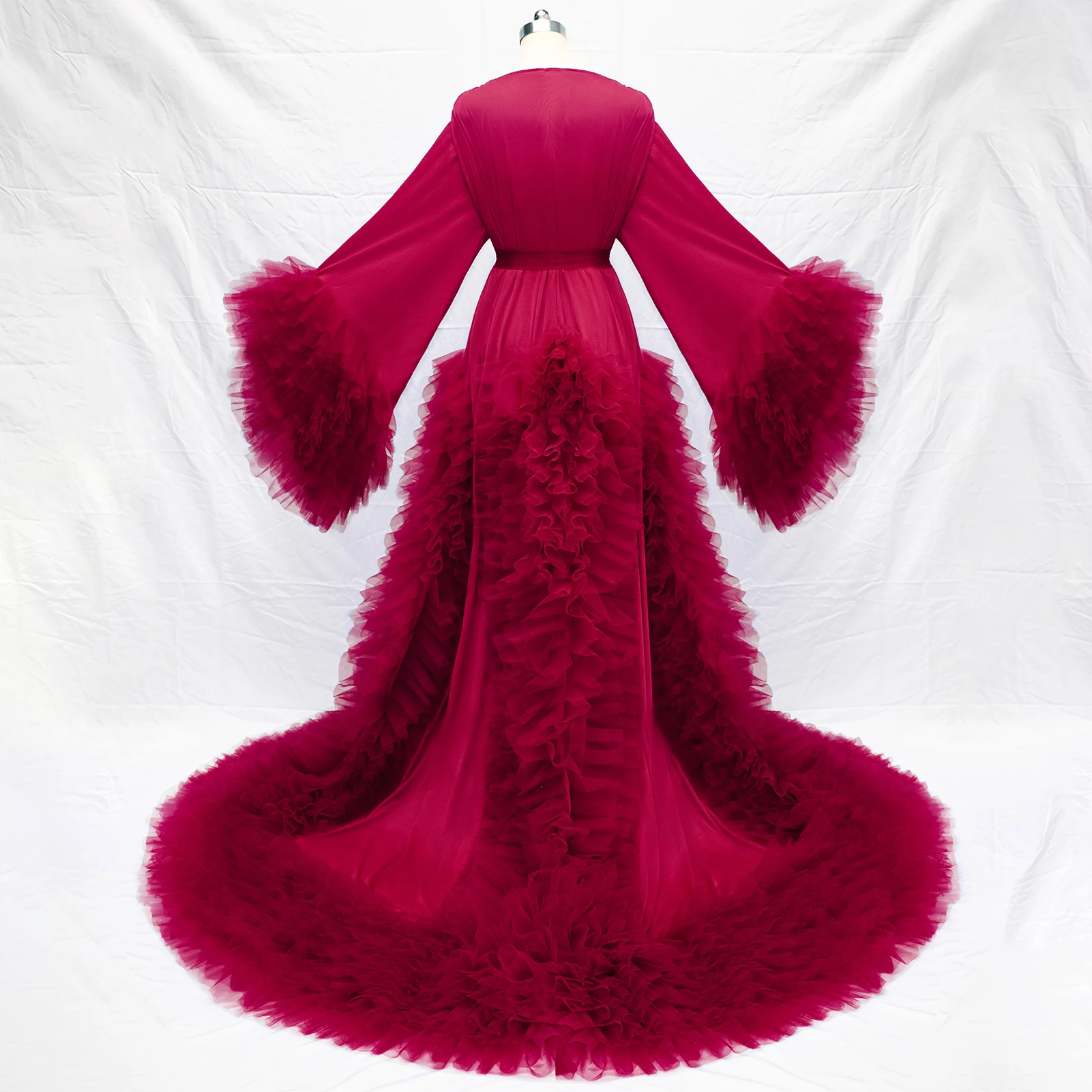 Elegant Women Nightgown Pajamas V-Neck Ruffles Lace up Long Sleeve Bridal Wedding Bathrobe for Photography Custom Made