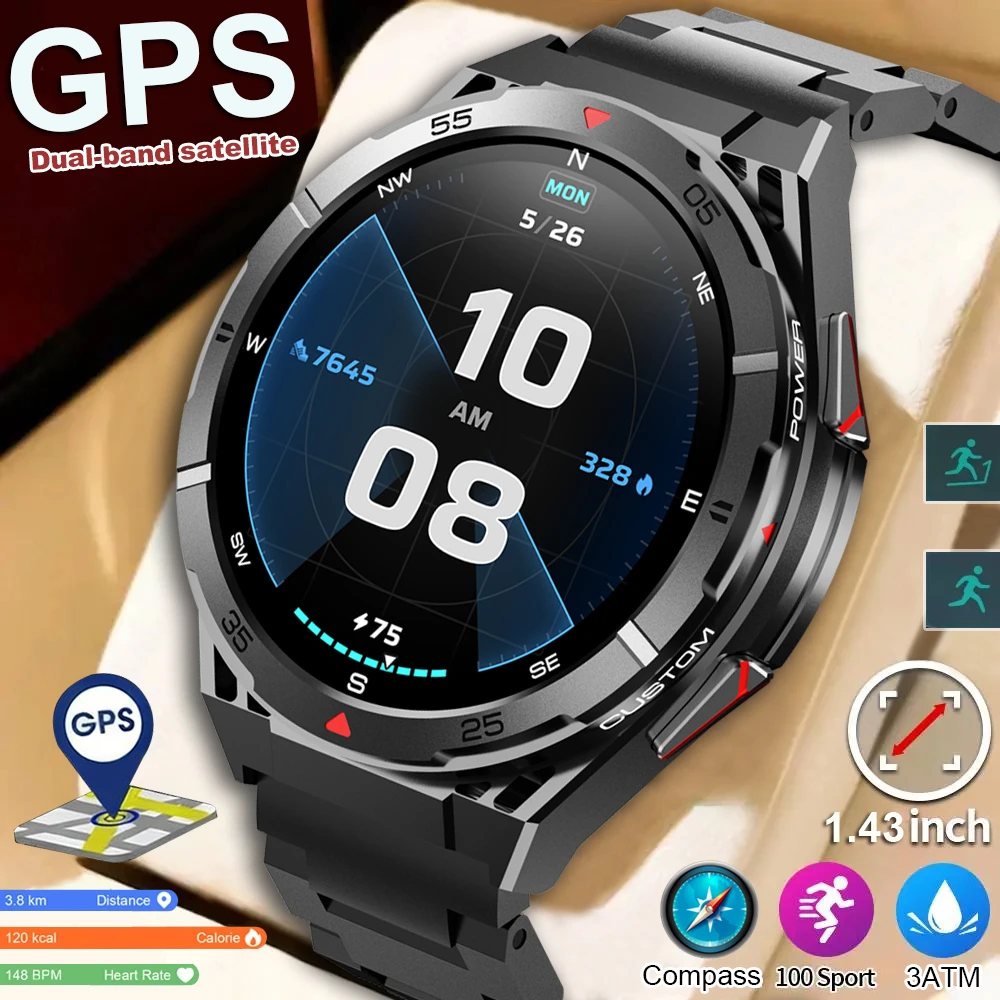 

2026 Smart Watch Dual-Band satellite GPSMen 1.43'' AMOLED Screen Compass Heart Rate BT Call 3ATM Waterproof Smartwatch