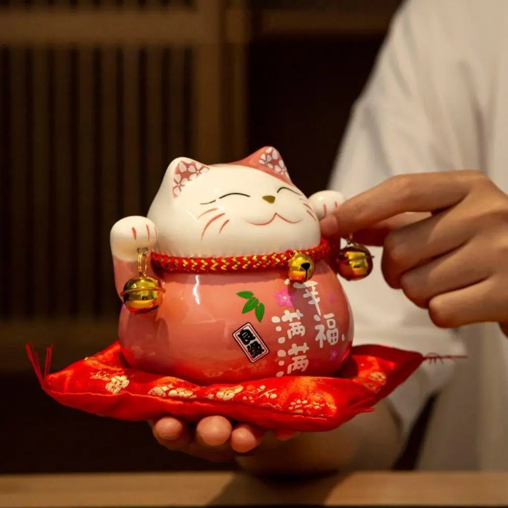 Crafts Ceramic Cat Money Bank Bell Lovely Fortune Cat Piggy Bank Modern Chinese Style Desktop Decoration Opening Gift